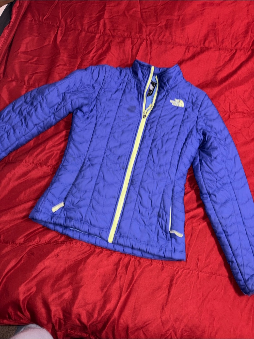The North Face women's Cobalt Blue Insulated Puffer with lime green Trim